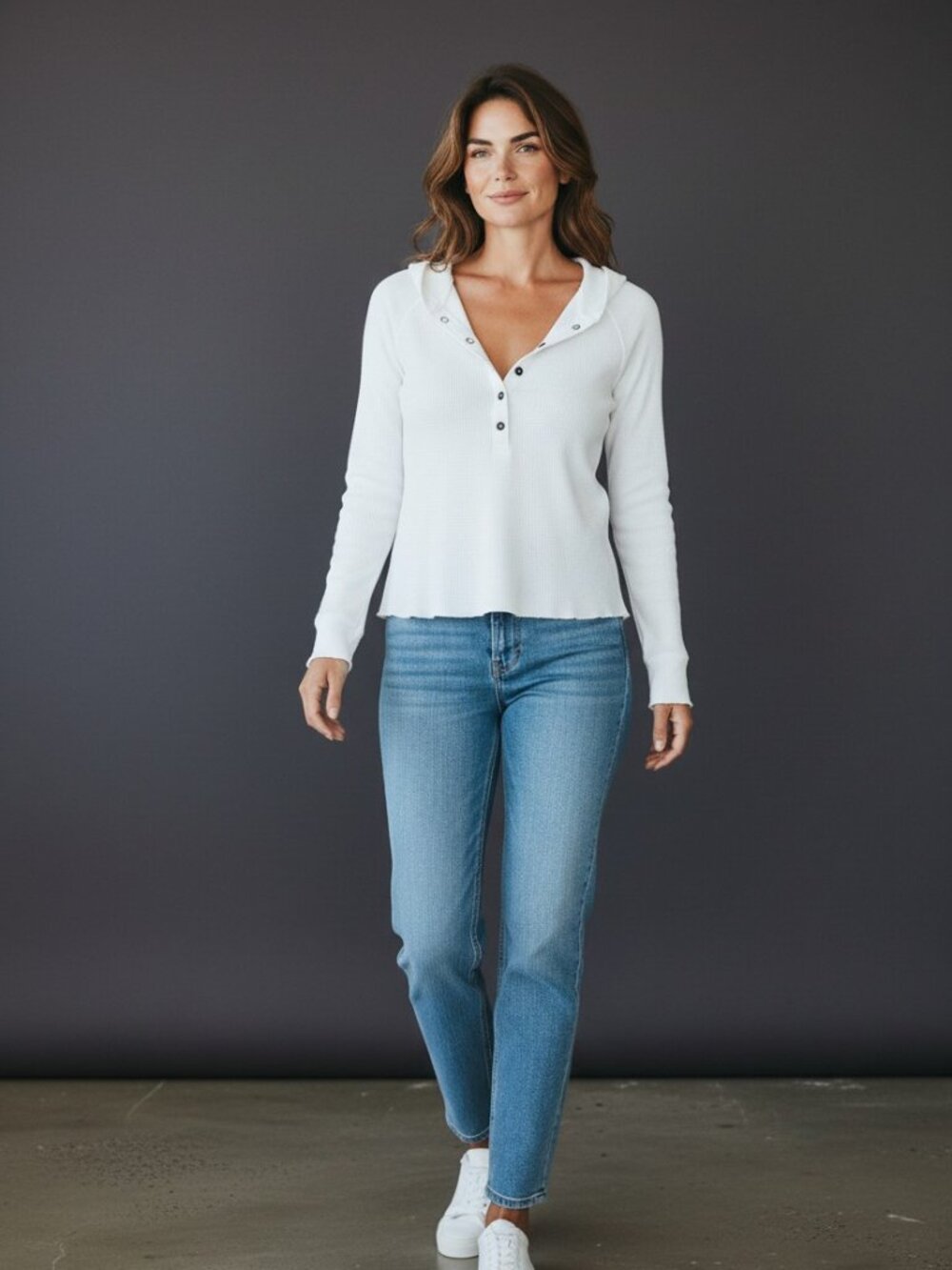 Hard Tail Y2K Thermal Henley Hoodie, White M